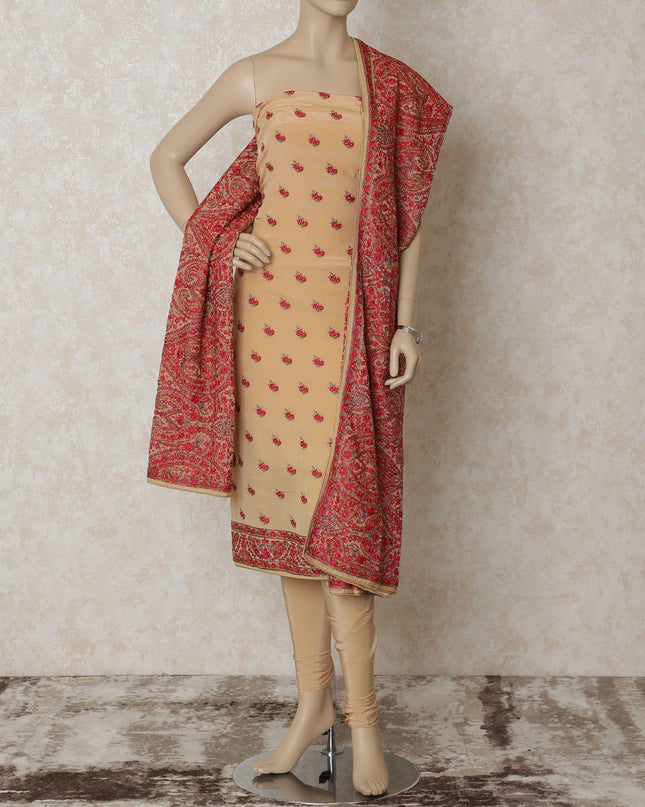 Beige silk crepe kameez with multicolor embroidery having stone work in paisley design. Beige plain salwar having same tone chiffon dupatta with multicolor embroidery and stone work-D12662