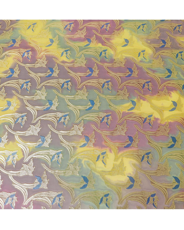 قماش شيفون حريري فرنسي (فرنساوي) فاخر متعدد الألوان مع لوركس معدني ذهبي بتصميم زهور-D14020