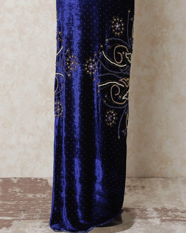 Royal blue silk blended velvet fabric with pearl work and stone work in floral design-D14418 Regal Fabrics