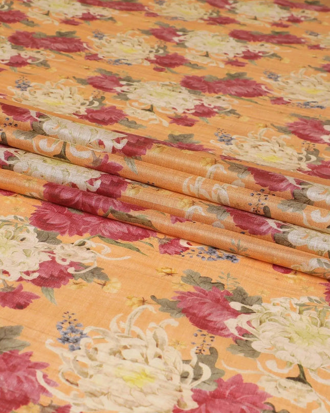 Squash orange tussar silk fabric with olive green, cerise pink, lime green and beige print in floral design-D6138 Regal Fabrics