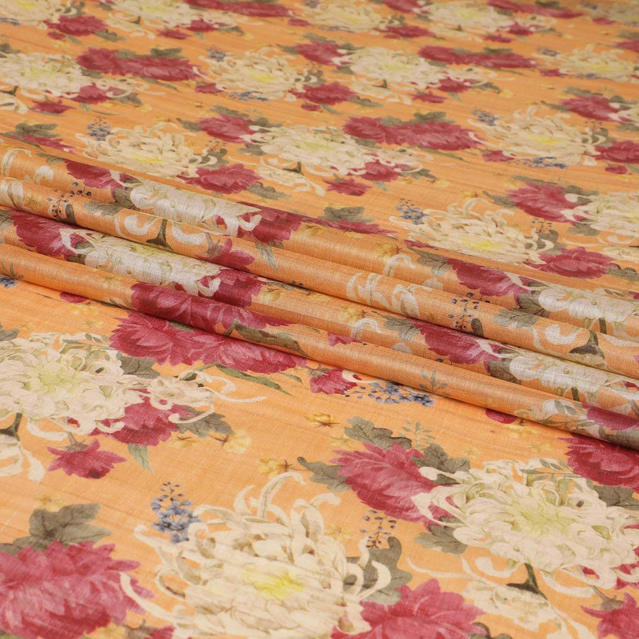 Squash orange tussar silk fabric with olive green, cerise pink, lime green and beige print in floral design-D6138 Regal Fabrics