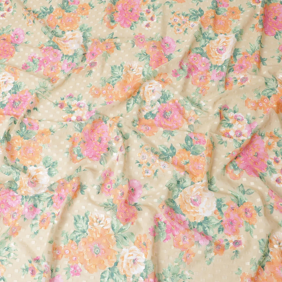 Light beige Swiss cotton voile fabric with sage green, baby pink and melon orange floral print having clip cord design-D6775