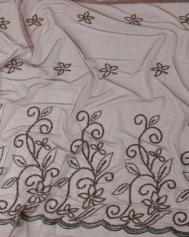 Pecan brown fancy net fabric with brown & black bead work in floral design Regal Fabrics
