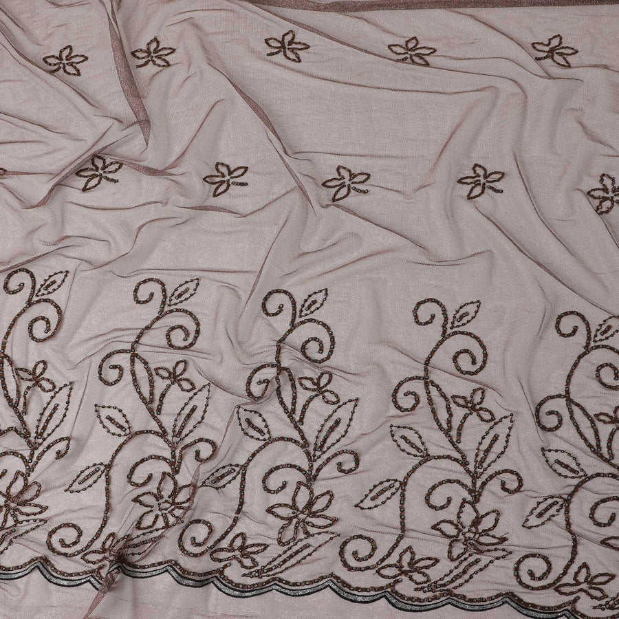 Pecan brown fancy net fabric with brown & black bead work in floral design Regal Fabrics