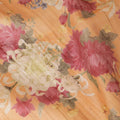 Squash orange tussar silk fabric with olive green, cerise pink, lime green and beige print in floral design-D6138 Regal Fabrics