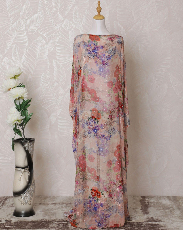Peach Premium pure silk blended velvet makmal dirac fabric with multicolor print having stone work in floral design-D14863