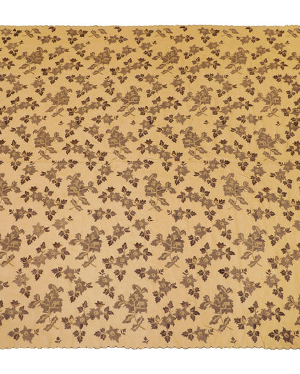 قماش فوال قطني تورتيلا بني مع تطريز بني موكا وذهبي بتصميم زهور-D8537