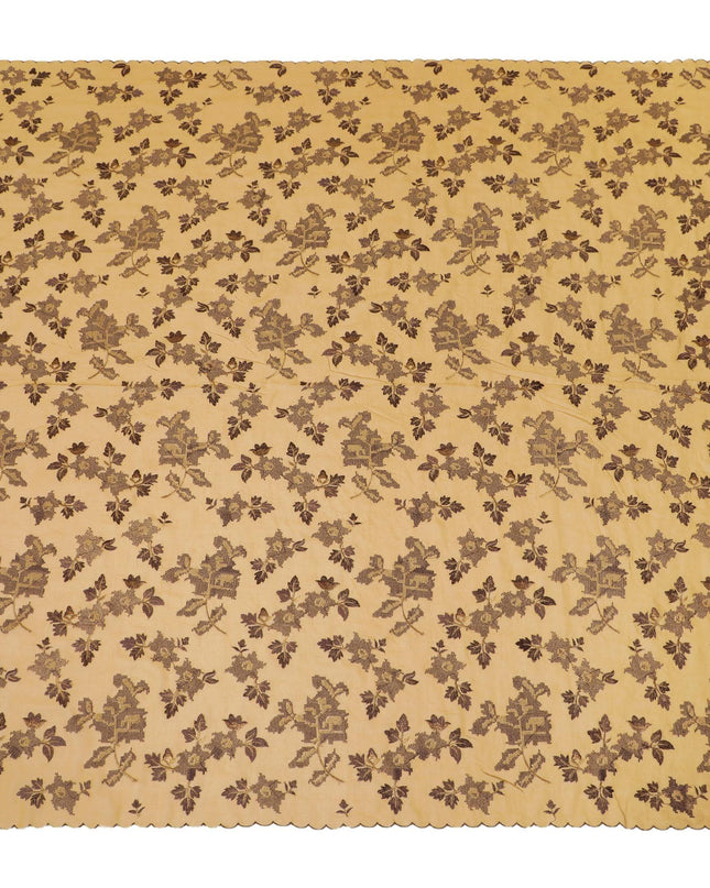 قماش فوال قطني تورتيلا بني مع تطريز بني موكا وذهبي بتصميم زهور-D8537