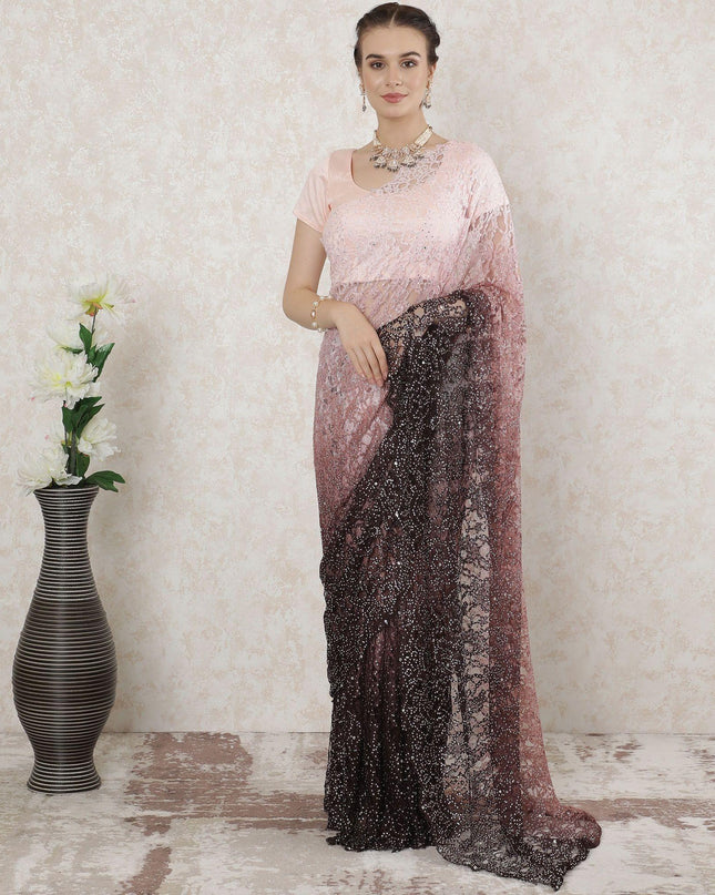 Light pink to mocha brown Premium Pure French chantilly lace saree having stone work in Ombre design-D14488