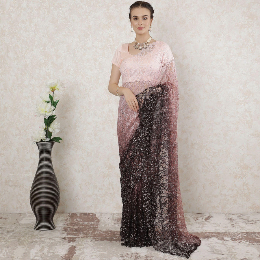 Light pink to mocha brown Premium Pure French chantilly lace saree having stone work in Ombre design-D14488