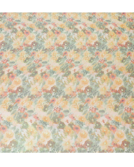 قماش شيفون حريري نقي فاخر متعدد الألوان مع لوريكس معدني أخضر نيون بتصميم زهور-D15462