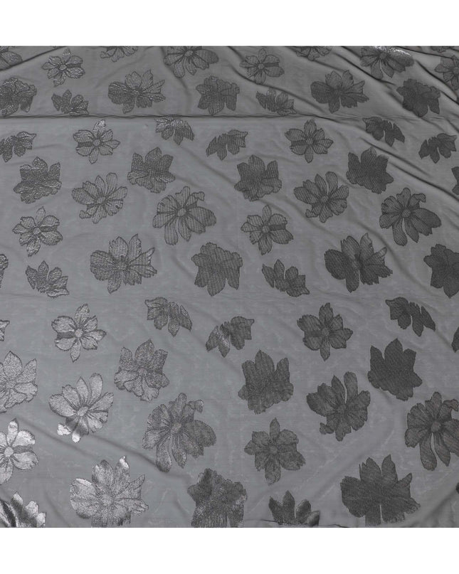 Black Premium pure Italian silk chiffon fabric with copper and silver metallic lurex in floral design-D10797