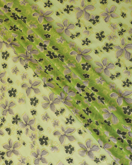 Lime green Premium pure changent silk chiffon fabric with pale brown, black viscose having gold metallic lurex in floral design-D14646