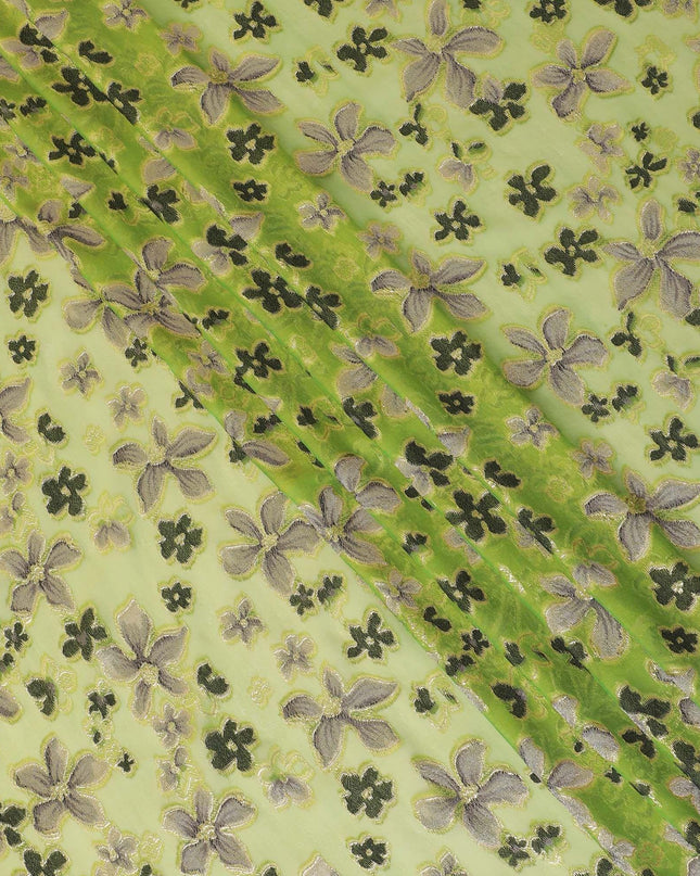 Lime green Premium pure changent silk chiffon fabric with pale brown, black viscose having gold metallic lurex in floral design-D14646
