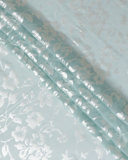قماش شيفون من الحرير الخالص باللون الأزرق النعناعي مع جاكار فضي بتصميم زهور-D15316