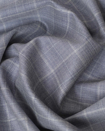 Powder blue Super 150's English all wool suiting fabric with beige checks design-D6842 Regal Fabrics