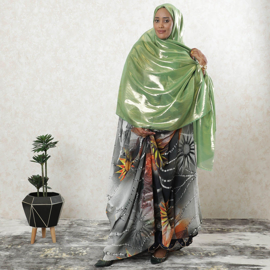 Pastel green pure silk chiffon garbasaar with golden metallic lurex in stripe design-D9501