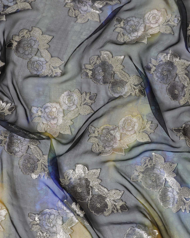 Multicolor premium pure silk chiffon garbasaar with grey and gold metallic lurex in floral design-D9547 Regal Fabrics
