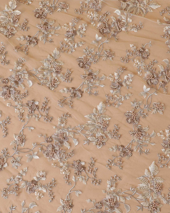Light gold Premium wedding nylon tulle fabric with same tone, rose pink embroidery and pearls in floral design-D7913