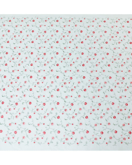 قماش الفوال القطني الأخضر Vista مع تطريز باللون الأخضر الزيتوني والأحمر القرمزي والوردي الصغير بتصميم الأزهار-D11084