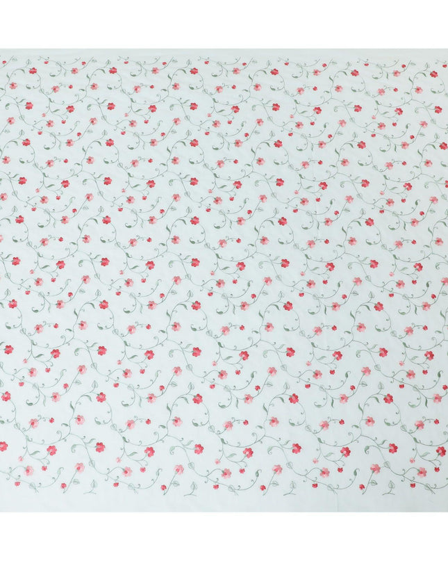 قماش الفوال القطني الأخضر Vista مع تطريز باللون الأخضر الزيتوني والأحمر القرمزي والوردي الصغير بتصميم الأزهار-D11084