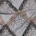 Black nylon tulle fabric with same tone, copper sequins having same tone bead work in geometric design-D13796