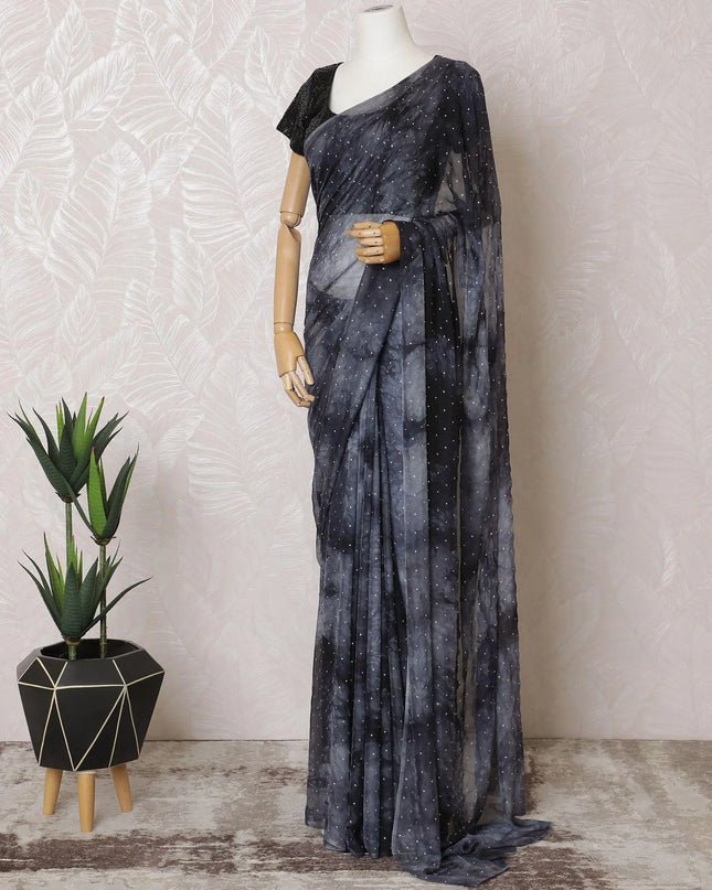 Slate grey, black Tie & die printed Premium pure French silk chiffon saree having stone work in Fancy design-D15506 Regal Fabrics