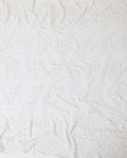 White nylon tulle fabric with same tone embroidery, bead work in floral Design-D11730