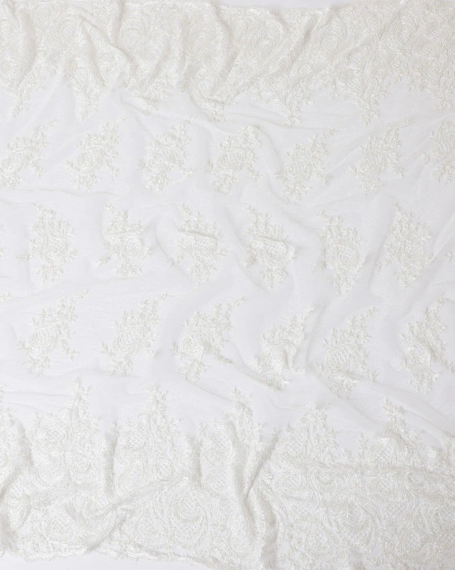 White nylon tulle fabric with same tone embroidery, bead work in floral Design-D11730 Regal Fabrics