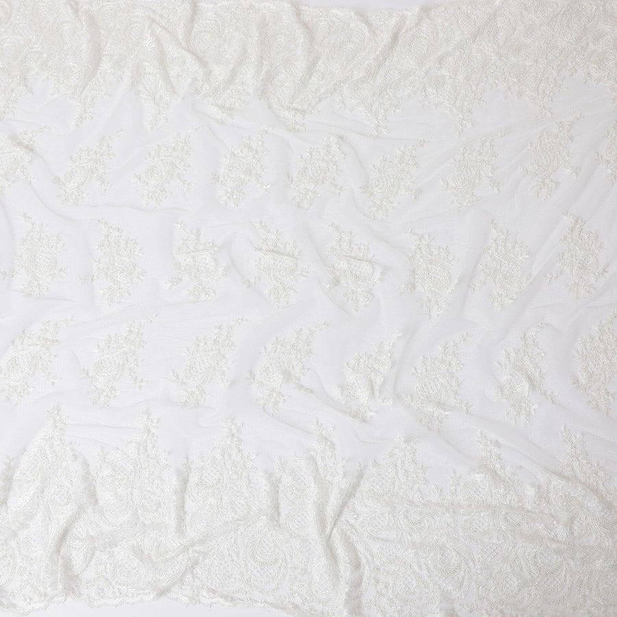 White nylon tulle fabric with same tone embroidery, bead work in floral Design-D11730