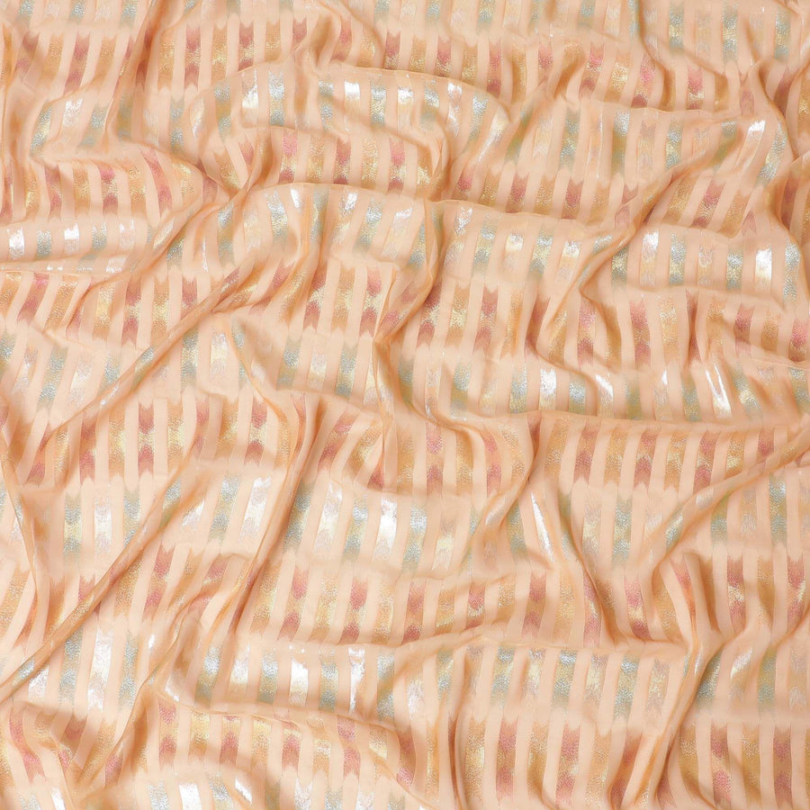 قماش شيفون حرير خالص فاخر من سمك السلمون الخوخي مع لوركس معدني متعدد الألوان بتصميم تجريدي-D10036
