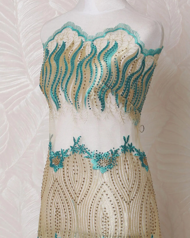 Gold nylon tulle fabric with same tone, turquoise blue embroidery having stone work in fancy design-D14754 Regal Fabrics