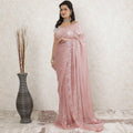 Salmon Peach Premium Pure metallic French chantilly lace saree having stone work in stripe design-D13467