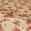 Light gold tussar silk fabric with cerise pink, olive green, light mustard and brown print in floral design-D6136 Regal Fabrics