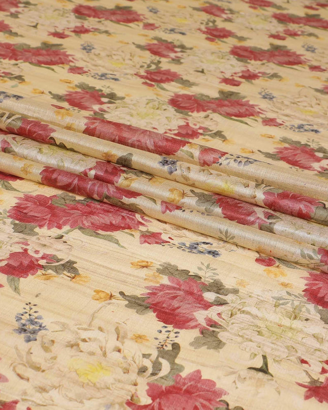 Light gold tussar silk fabric with cerise pink, olive green, light mustard and brown print in floral design-D6136