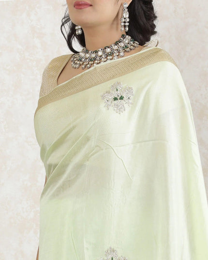 Mint green premium pure cotton silk saree with gold border weave having stone work in floral design-D13486 Regal Fabrics