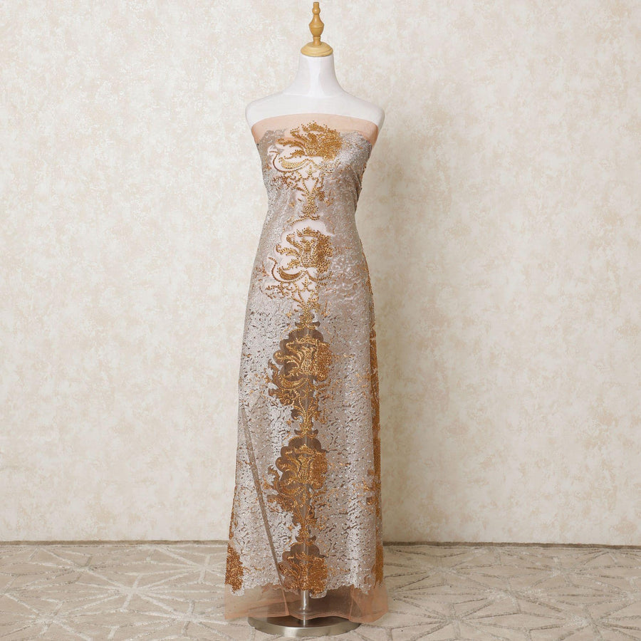 Copper brown nylon tulle fabric with same tone, gold embroidery having stone work in fancy design-D12200