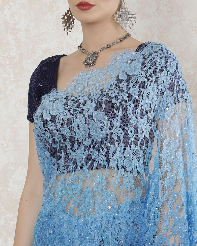 Baby blue to Royal blue Premium pure French chantilly lace saree having stone work in ombre design-D14516