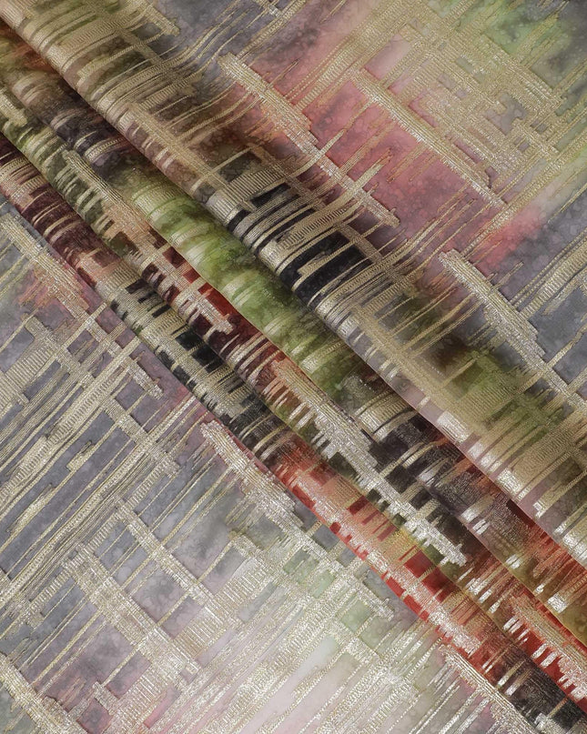 قماش شيفون من الحرير الخالص متعدد الألوان مع لوركس معدني ذهبي بتصميم الباتيك-D14301