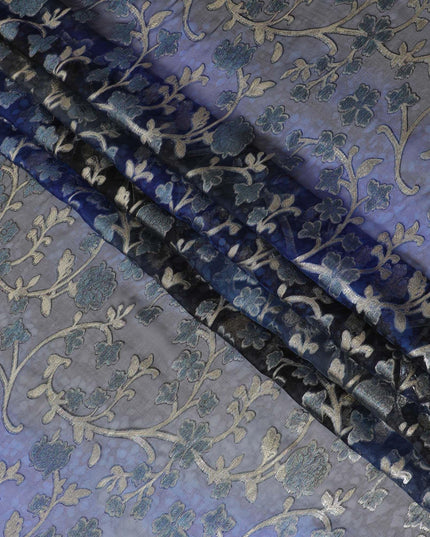 Blue Premium pure silk chiffon fabric with gold metallic lurex in floral design-D12536
