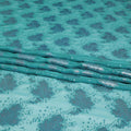 Sea green silk chiffon fabric with baby blue and copper metallic lurex in floral design-D8045