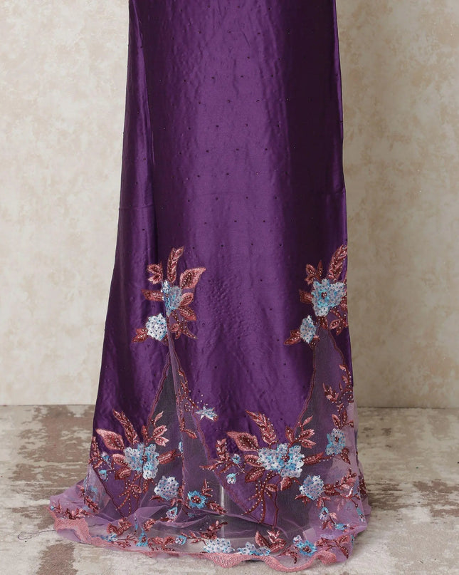 Purple blended cotton lawn fabric with multicolor embroidery having stone work in floral design-D14431 Regal Fabrics