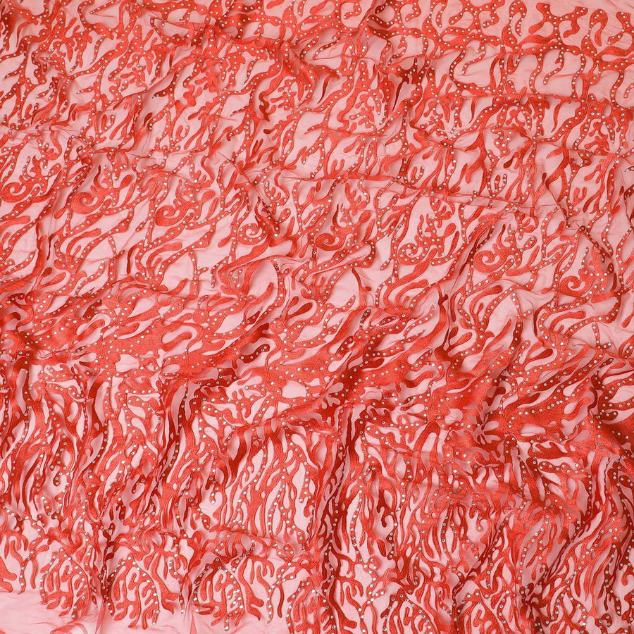 Crimson red nylon tulle fabric with same tone embroidery having stone work in fancy design-D7734