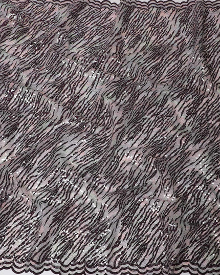 Multicolor nylon tulle fabric with black flock having plain spangles in fancy design-D15398 Regal Fabrics