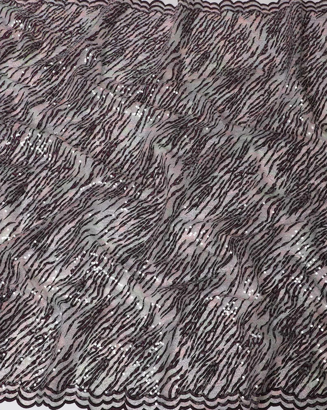 Multicolor nylon tulle fabric with black flock having plain spangles in fancy design-D15398 Regal Fabrics