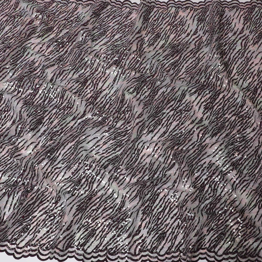 Multicolor nylon tulle fabric with black flock having plain spangles in fancy design-D15398 Regal Fabrics