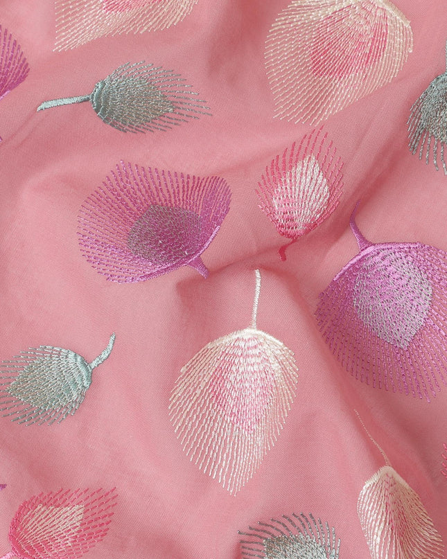Light cerise pink premium pure cotton voile fabric with lavender pink, beige and turquoise green embrodiery in floral design-D13691