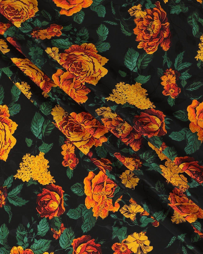 Black premium pure Italian silk satin fabric with multicolor print in floral design having matt finish-D13740