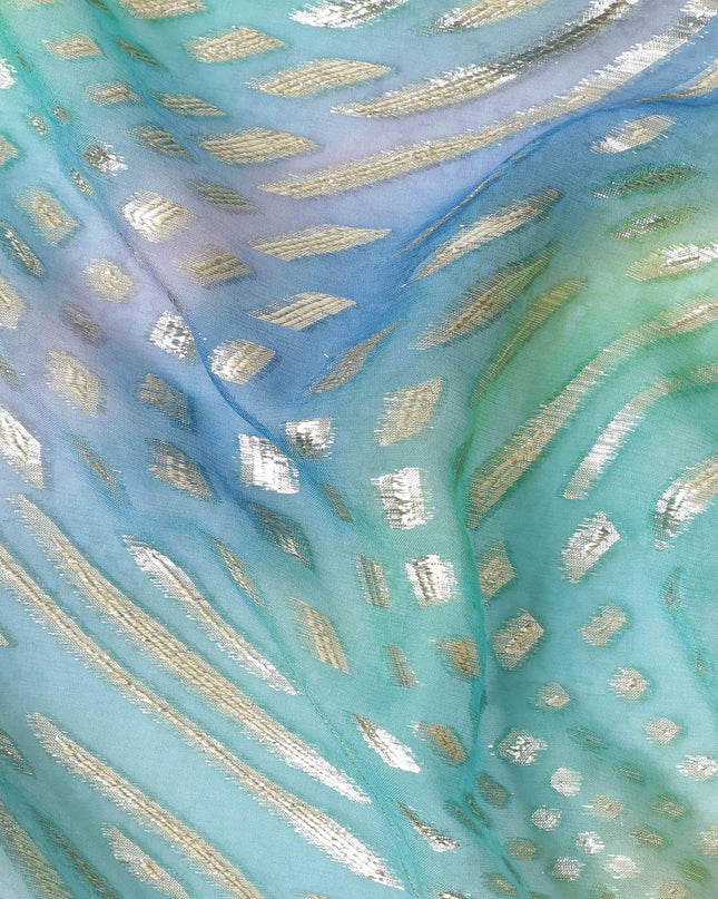 قماش شيفون حريري نقي ممتاز متعدد الألوان مع لوركس معدني ذهبي وفضي بتصميم تجريدي-D12429