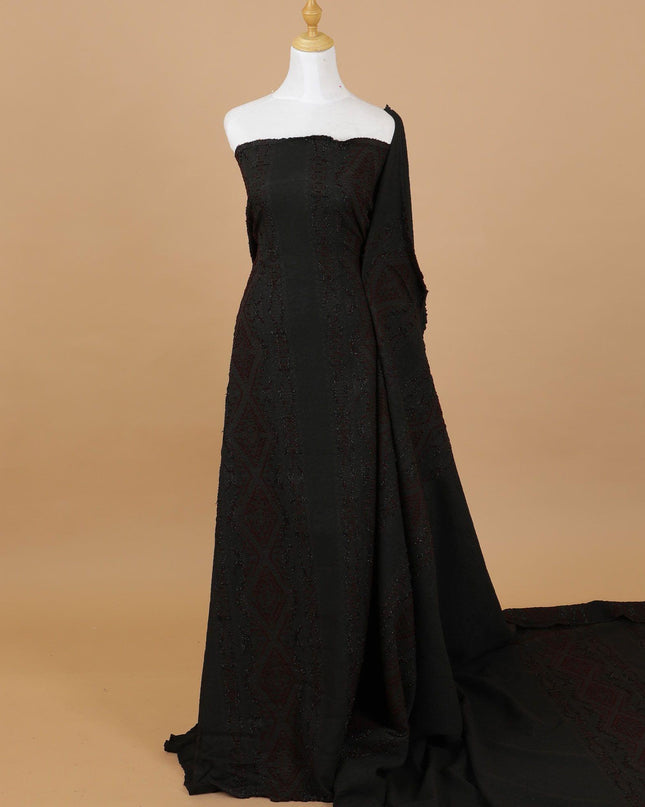 Black synthetic brocade with maroon weave in fancy design-D9258